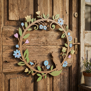 Corona de metal rústica con flores azules y hojas verdes, hecha a mano, decorativa, de forma redonda, sin iluminación, diseñada para uso en interiores. - Product Image 6