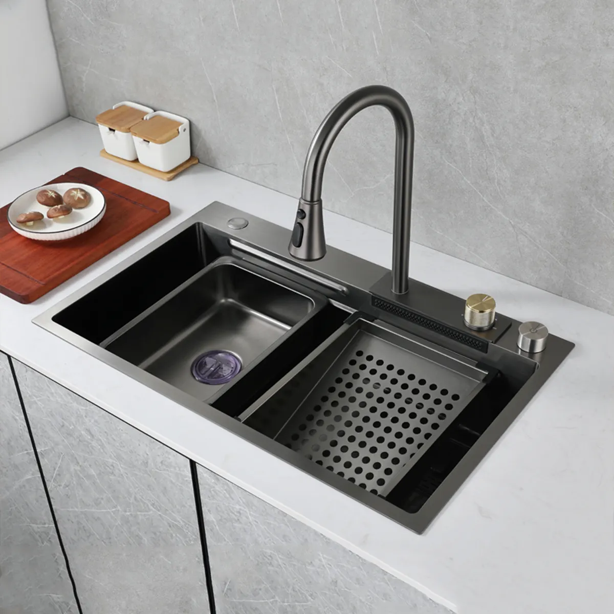 Design 31 inch Gunmetal Black 304 Stainless Steel Handmade Kitchen Workstation Sink with waterfall facet and accessories