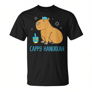 T-shirt Cappy Hanukkah avec motif Capybara Dreidel, col rond noir, chemise de fête - Product Image 2