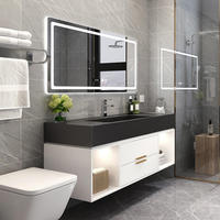 Meuble-lavabo flottant gris foncé en gros avec armoire miroir LED à 3 portes et étagères ouvertes gauche-droite pour maison et hôtel