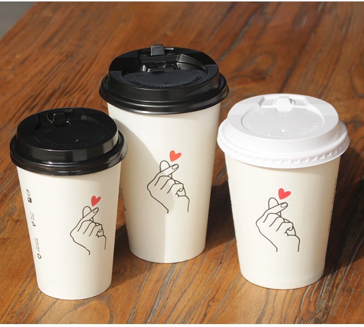 Net Red Thick Disposable Cute Love Milk Tea Coffee Hot Drinks Juice Packaging Cups Drink White Paper Cup with Lid