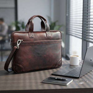 Men's Genuine Leather Luxury Messenger <b>Laptop</b> Bag Made in India with Zipper Pocket Durable for Travel - Product Image 2