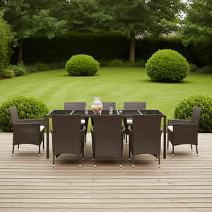 Ensemble de salle à manger d'extérieur en rotin brun 8 places, résistant aux intempéries, avec structure métallique, mobilier de jardin contemporain - Product Image 3