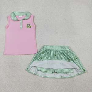 Toddler Girls Summer Casual Two-Piece Set Cute Golf Print Pink Sleeveless Top with Green Gingham Skort Outfit Wholesale - Product Image 6