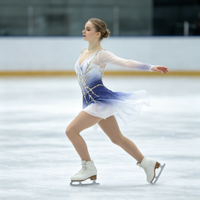 Robe de patinage et de danse pour enfants et adultes, dégradé bleu et blanc, maille transparente, manches longues, garniture en strass dorés, pour compétition et spectacle de patinage sur glace
