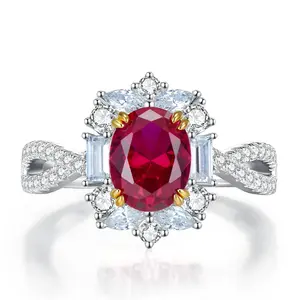 Luxury Halo Ring 7*9mm Oval Cut Ruby Stone Rhodium Plated 925 Sterling Silver Wedding Rings