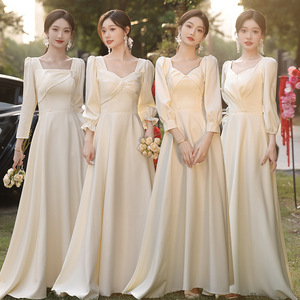 Bridesmaid Dress Long Sleeve Champagne Satin A-Line Sweetheart Neckline Natural Waist 2025 Spring Summer Wedding Party Wear - Product Image 1