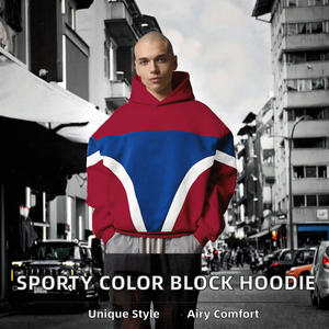 Sweat-shirt à capuche oversize pour homme, en polaire, avec blocs de couleurs rouge, bleu et blanc, style streetwear, vêtements décontractés d'automne - Product Image 2