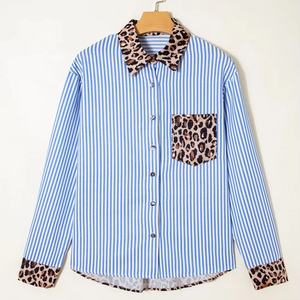 Nueva Camisa Casual de Moda para Mujer, Estampado de Leopardo a Rayas, Estilo Patchwork, con Botones, Manga Larga, Estilo Western - Product Image 1