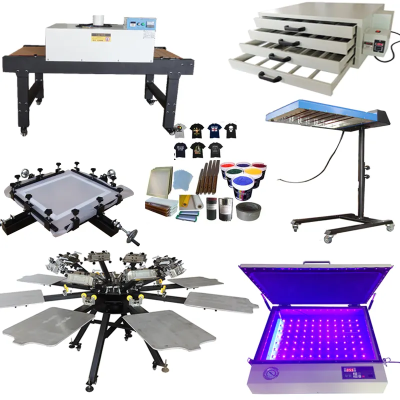 Carrossel rotativo 8 cores 8 estação define máquina de serigrafia com micro registro têxtil imprensa equipamentos com secador