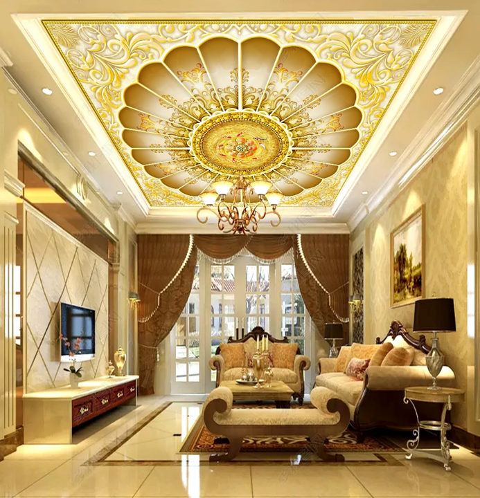 Luxury Golden Pattern Nine Fish Figure Transfer Ceiling Mural Living ...