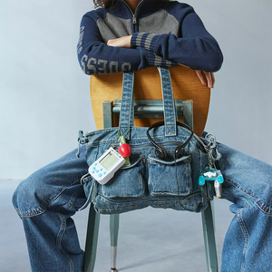 女性用ヴィンテージデニムハンドバッグレディースレトロスタイルY2Kファッションウォッシュドソフトデニム脇の下トートバッグ - Product Image 6