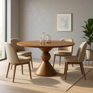Ensemble de table à manger ronde en bois de style mid-century modern avec 4 chaises rembourrées, dossier plein, base sur piétement, mobilier confortable pour la maison - Product Image 2