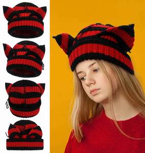 Gorros de punto al por mayor para mujer, gorro cálido de invierno con orejas de gato de diablo, multicolor a rayas, de ganchillo, estilo Y2K, con dobladillo - Product Image 2