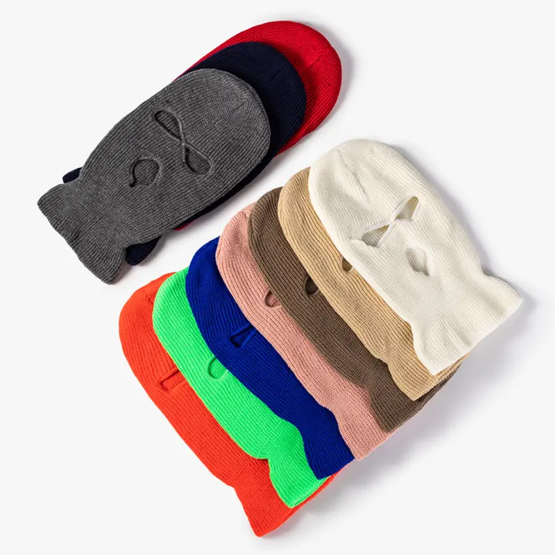 Hip Hop espesado invierno cálido a prueba de viento logotipo personalizado Color sólido 3 agujeros tejido pasamontañas máscara de esquí Skimask