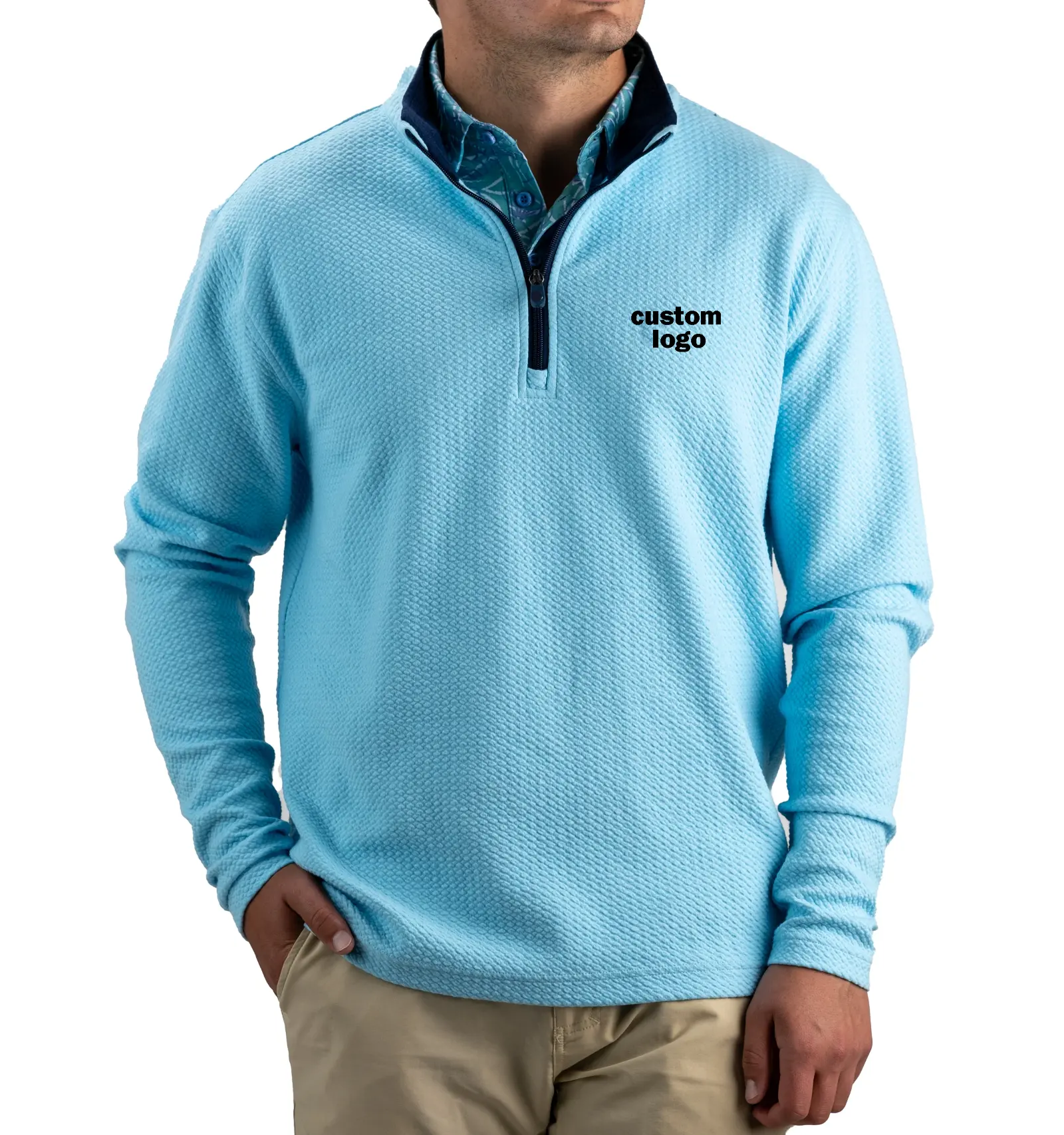 Vêtements de golf personnalisés Sweat à capuche pour homme Sweat à capuche zippé en tricot gaufré léger de haute qualité Pull de golf zippé 1/4