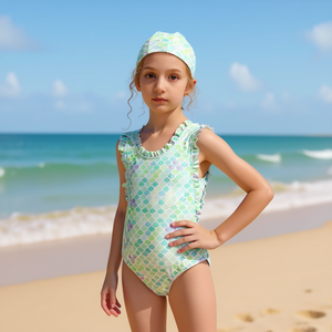 Costume intero HDJ per ragazze con stampa floreale, volant e controllo della pancia, taglie 8/10, 10/12, 12/14, 14/16, verde, blu, rosa, blu navy - Product Image 3