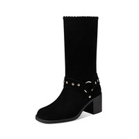 Bottes mi-mollet Western Cowboy en daim à franges et rivets, avec bride et talon carré, hauteur genou