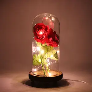 Комплект розового цвета, красная шелковая Роза, светодиодная лампа с опавшими лепестками в стеклянном куполе на деревянной основе для домашнего декора, праздничная вечеринка, свадьба