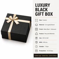 Caja de Regalo de Cartón Corrugado, Negro Mate con Relieve, Cinta Dorada Champán, Tapa y Base Blancas, Fabricación Directa de Fábrica OEM ODM, Logotipo Personalizado