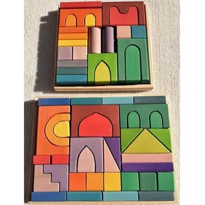 Madeira Block Build Set Rainbow Empilhamento Brinquedos Handmade Castle Lime Wood Stain for Kids Creative Play