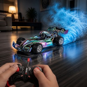 Coche de Carreras RC Estilo Fórmula 1/16 con Ruedas Abiertas, Cromado UV Iridiscente, 5 Canales, Pulverizador de Agua, Batería Recargable, Caja con Ventana, Juguete para Niños de 3+ Años - Product Image 6