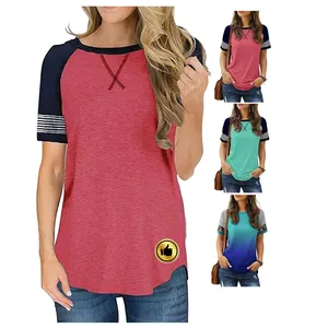 Fashion Cute Ladies Short Sleeve Striped Color Block Leopard Shirts For Women Blouses
