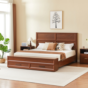 Lit king size avec banc de rangement 4 tiroirs en noyer, mobilier de chambre moderne - Product Image 1
