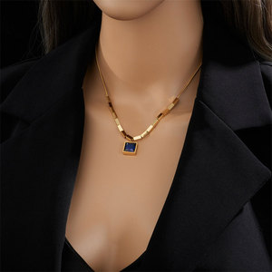 จี้เพชรสีน้ำเงินทรงสี่เหลี่ยมสไตล์วินเทจ ชุบทอง 14k 18k ทำจากสแตนเลส 316L สำหรับผู้หญิง ขายส่ง - Product Image 2