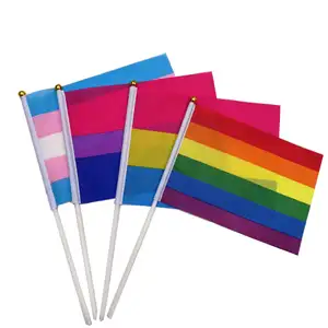 Customized Small Size 100% Polyester Gay Lgbt Progress Pride Hand Flag 14*21cm Rainbow Hand Flag For Event