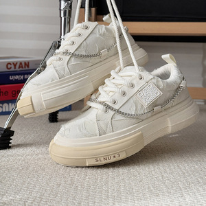 Chunky <b>Canvas</b> Sneakers White <b>Round</b> Toe Lace Up Chunky Sole With Chain Detail All Seasons Walking Style Shoes - Product Image 5