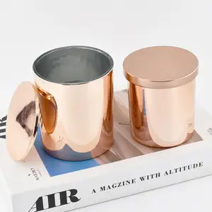 Hot Sale Empty Copper Electroplating Rose Gold Chrome Glass Candle Jars with Luxury Metallic Finish Mirror Lid