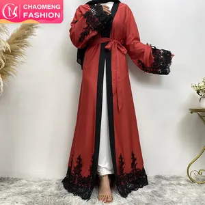 Abaya-cárdigan de manga larga con encaje negro para mujer, cárdigan abierto de manga larga, color rojo, con dobladillo, #1497