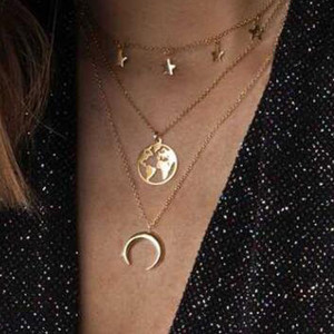 Collares de Moda <span class=keywords><strong>con</strong></span> Colgante de <span class=keywords><strong>Mapa</strong></span> de Estrellas y Luna, Cadenas de Clavícula Multicapa para Mujer, Joyería - Product Image 2