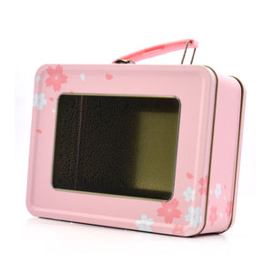 Custom Printed Rectangle Pink Color Gift Handle Tin Box With PVC Window Cosmetics Storage Metal Can