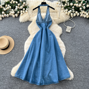 Robe longue décontractée d'été pour femme, col en V, sans manches, style Empire, en jean - Product Image 4