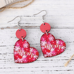 Pendientes de madera Regalo del Día de la madre Flores de mamá Colgante de círculo en forma de corazón Pendientes de doble cara para mujeres Uionen 992 - Product Image 3