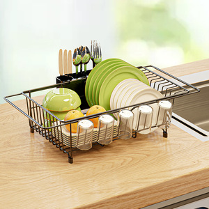 ชั้นวางจานแบบยืดหดได้สีดำมินิมอล พร้อมที่เก็บแก้ว แห้งเร็ว สำหรับวางบนเคาน์เตอร์ครัว ขนาดใหญ่ รูปทรงสี่เหลี่ยม - Product Image 1