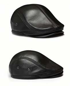 <b>Men</b> Vintage Cowhide Beret <b>Caps</b> Earflaps <b>Flat</b> Top Ivy <b>Cap</b> Windproof Duckbill Warm Black Brown Genuine Leather Hats - Product Image 3