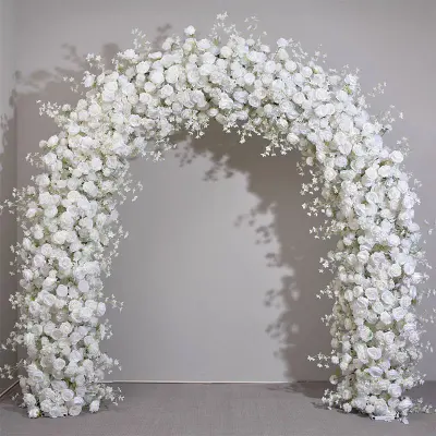 Dekorasi bunga mawar putih buatan kustom lengkungan dinding pernikahan bunga buatan