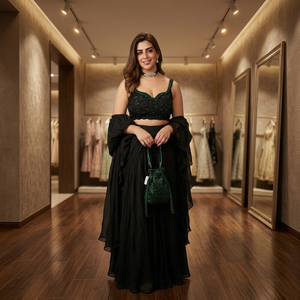 Sari en organza noir moderne prêt-à-porter pour femme, tenue de soirée, séchage rapide, toutes saisons, look haut de gamme pour mariage - Product Image 3