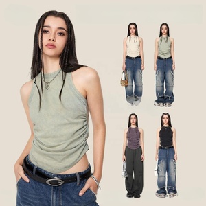 Personalizado verano 235GSM algodón spandex camisola crop top Sexy sólido Correa sin mangas lado plisado chaleco mujeres ácido lavado camisetas sin mangas - Product Image 4
