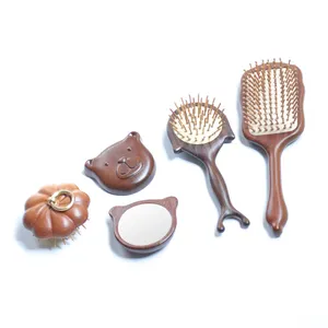 Sandal Wood Antique Handheld Makeup Mirror Travel Cosmetic Mirror Decorative Mirror and Comb Brush Set for Hair