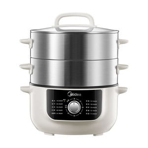 Cuiseur vapeur électrique Midea à 3 niveaux en acier inoxydable avec contrôle mécanique du minuterie et couvercle en verre trempé - Product Image 1