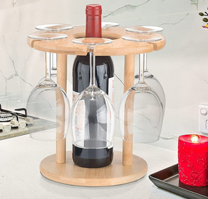 <b>Wood</b> Wine Rack With 6 Glass Holders <b>Circle</b> Shape Reusable Bottle Stand - Product Image 6