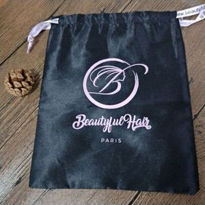 Custom Luxury Black Thick Silk Satin Eco-friendly Drawstring Gift Bag for Hair Extensions with Logo Printing - Product Image 5