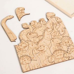 Puzzles en bois naturel pour enfants, 4 thèmes, animaux mignons de dessins animés, puzzle en bois en forme de dinosaure - Product Image 4