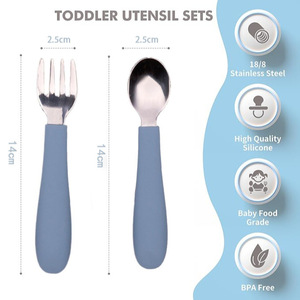 Juego <span class=keywords><strong>de</strong></span> <span class=keywords><strong>Cubiertos</strong></span> <span class=keywords><strong>para</strong></span> Niños con Mango <span class=keywords><strong>de</strong></span> Silicona, Acero Inoxidable 304, Utensilios <span class=keywords><strong>para</strong></span> Bebés, Cuchara y Tenedor, Libres <span class=keywords><strong>de</strong></span> BPA, Calidad Alimentaria - Product Image 3