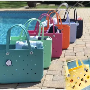 Venta al por mayor Eva Rubber Large Custom Button Jelly Silicone Tote Bag Enfermería Summer Beach Bogg Sand Bolsa impermeable para mujeres Crock