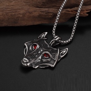 Punk Vintage Viking tête de <span class=keywords><strong>loup</strong></span> pendentif colliers avec pierre rouge yeux en acier inoxydable mode Hip Hop rue bijoux - Product Image 4
